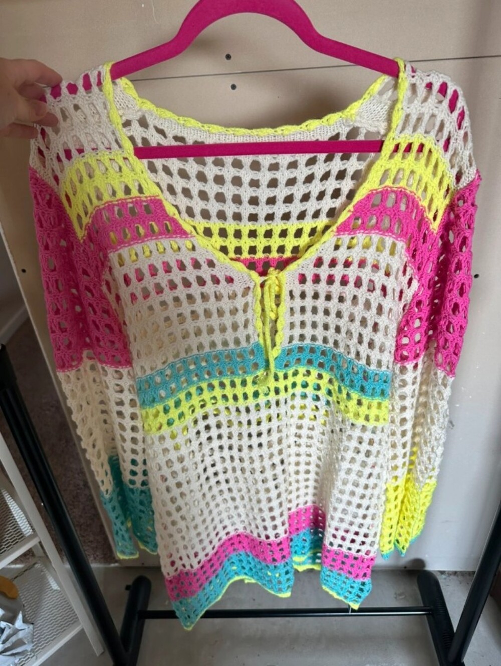 Crochet Swim Cover-Up in White with Neon Pink, Yellow & Aqua Accents